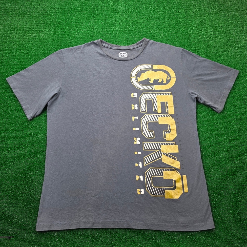 Ecko Rhino Graphic Tshirt Mens 3XL Gray Metallic Gold Spellout Streetwear